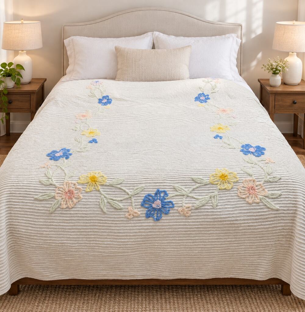 Vintage Queen Chenille Bedspread: Pastel Floral Cotton Cottagecore Bedding